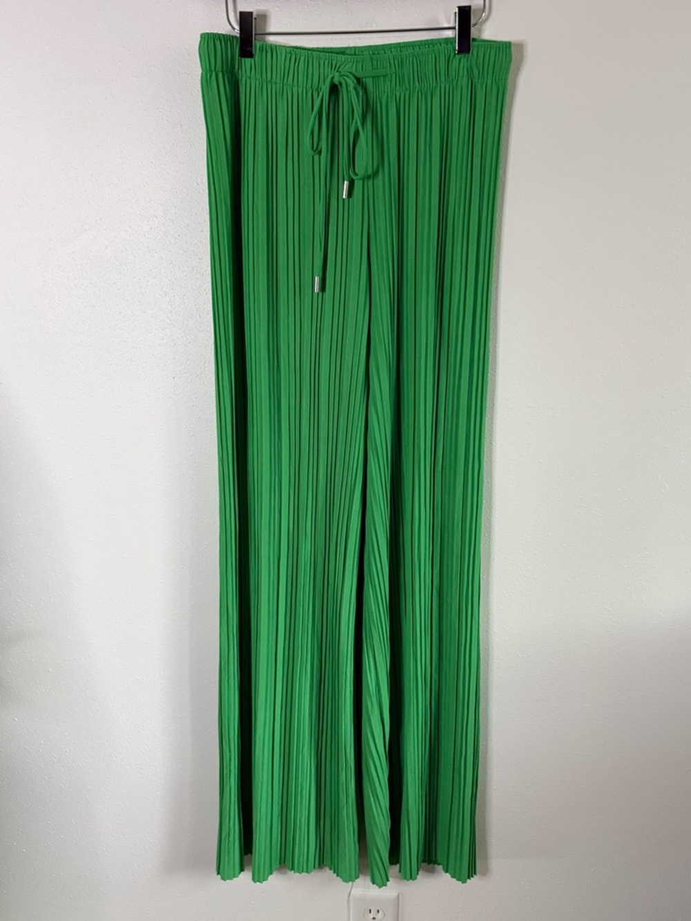 Green Pleated Wide Leg Pants High Waisted Flowy Palazzo Elastic Waist L